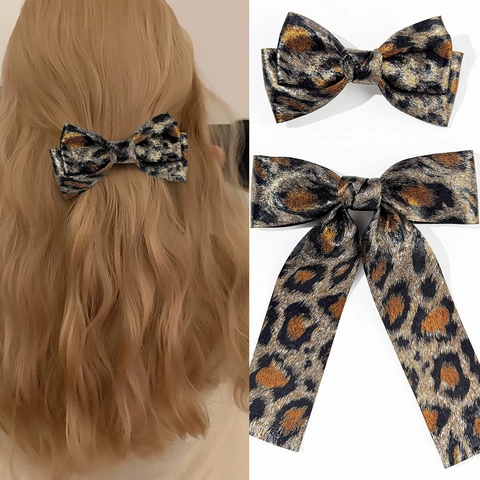 Luipaardprint Strik Haarklem Westerse Mode Handgemaakt Webbing Veerclip Luipaardpatroon Haaraccessoires Voor Dames
