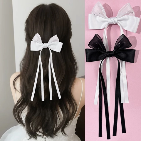 Pinza para el Cabello de Lazo Dulce Doble Capa Satén Organza Strass Cintas Largas Clip Pico de Pato Accesorio Elegante