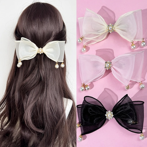 Elegante Fermaglio per Capelli con Fiocco in Maglia con Perla Artificiale Strass Grande Fermaglio a Becco d'Anatra per Donna Accessorio da Principessa
