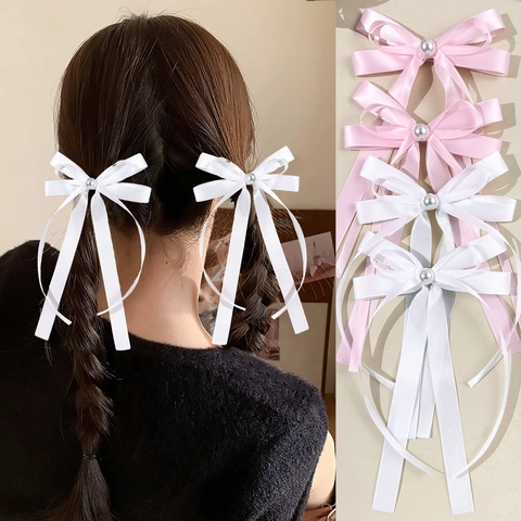 Dolci Fermagli per Capelli a Fiocco in Nastro Con Perle Artificiali Lunghi Streamer Eleganti Clip a Coccodrillo per Donna