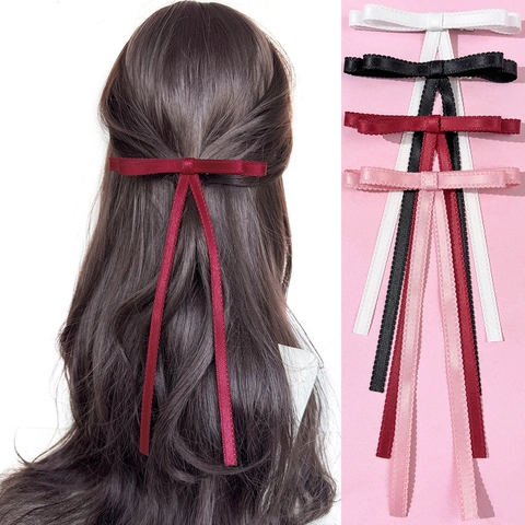 Zoete Satijn Strik Haarclip Met Gelede Rand Lange Lint Eendenbek Clip Voor Vrouwen Mori Stijl Haaraccessoires