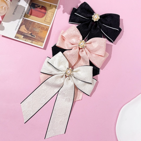 Vintage Jacquard Bow Hair Clip With Rhinestone Artificial Pearl Center Elegant French Style Duckbill Clip For Women Hair Accessories