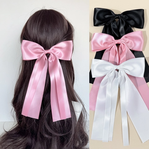 Elegant Large Satin Bowknot Hair Clip With Long Streamer Solid Color French Style Spring Clip Hair Accessory For Women