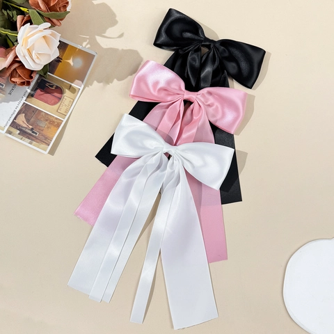 Elegant Large Satin Bowknot Hair Clip With Long Streamer Solid Color French Style Spring Clip Hair Accessory For Women