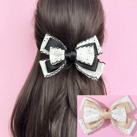 Élégante Pince à Cheveux Nœud en Dentelle à Trois Couches Style Français Ruban Satin Barrette Vintage Douce Pour Femmes