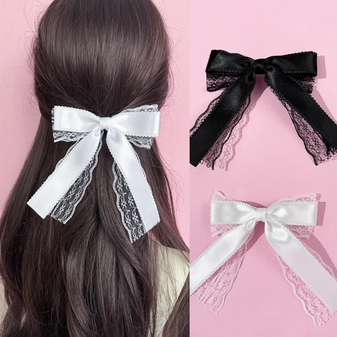 Damen Große Spitzen Schleife Haarspange Elegant Satinband Entenschnabel Haarnadel Vintage Haarschmuck Schwarz Weiß Haarclip