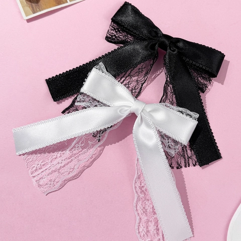 Damen Große Spitzen Schleife Haarspange Elegant Satinband Entenschnabel Haarnadel Vintage Haarschmuck Schwarz Weiß Haarclip