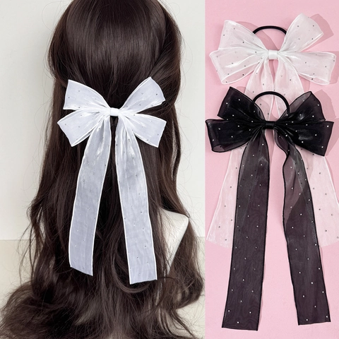 Elastico per Capelli in Organza a Rete Dolce con Fiocco Lungo Eleganti Strass Luccicanti Scrunchie Accessori per Capelli