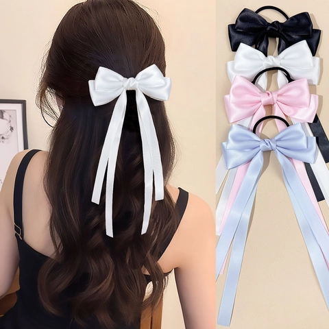 Elegant Satin Bowknot Ribbon Hair Tie For Women Sweet Long Streamer Ponytail Holder Handmade Solid Color Fashion Hair Accessories