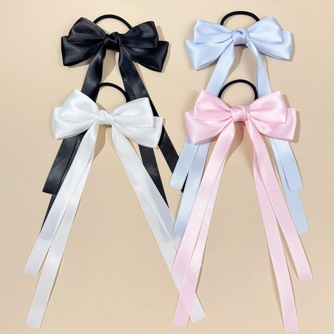 Elegant Satin Bowknot Ribbon Hair Tie For Women Sweet Long Streamer Ponytail Holder Handmade Solid Color Fashion Hair Accessories