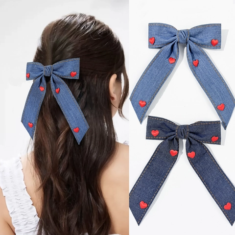 Handgefertigt Denim Schleife Haarklammer Mit Rotem Herz Süß Koreanischer Stil Haarschmuck Für Damen Geschenk Valentinstag