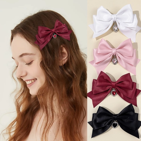 Süße Satinband Schleife Haarspange Mit Herz Strass Anhänger Vintage Lolita Seite Schiebe Haarzubehör Für Damen Mädchen