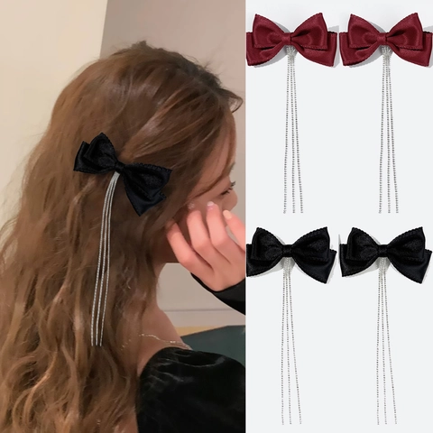 Elegante Molletta per Capelli con Fiocco in Nastro Stile Coreano Con Frangia a Nappa di Strass Clip a Becco d'Anatra Lunga Donna