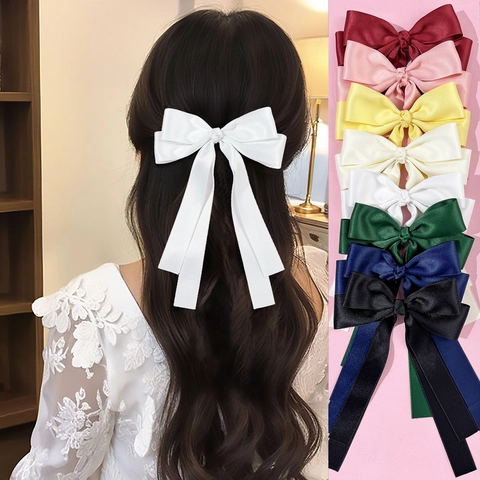 Elegant Satin Ribbon Double Bowknot Hair Clip With Long Streamers Sweet Solid Color Alligator Clip For Women Hair Accessories