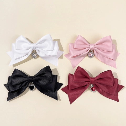 Süße Satinband Schleife Haarspange Mit Herz Strass Anhänger Vintage Lolita Seite Schiebe Haarzubehör Für Damen Mädchen