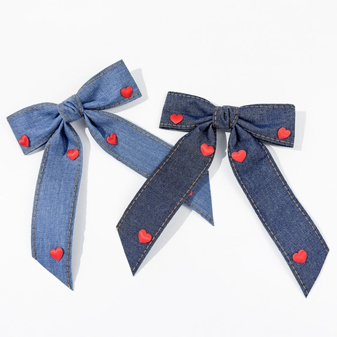 Handgefertigt Denim Schleife Haarklammer Mit Rotem Herz Süß Koreanischer Stil Haarschmuck Für Damen Geschenk Valentinstag
