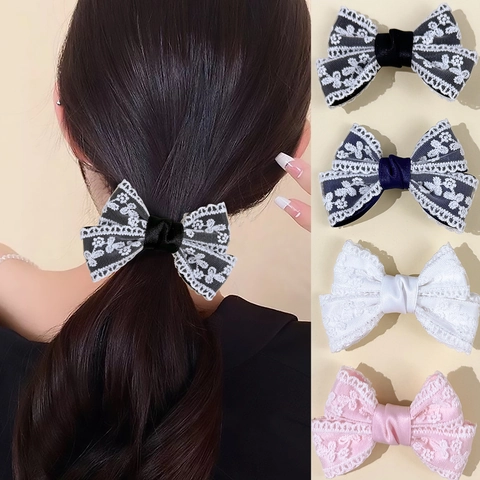 Korean Sweet Lace Bow Hair Clip Handmade Floral Embroidery Double Layer Duckbill Clip Elegant Hair Accessories For Women