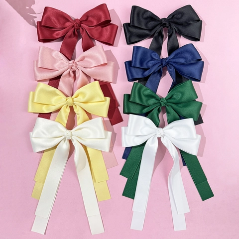 Elegant Satin Ribbon Double Bowknot Hair Clip With Long Streamers Sweet Solid Color Alligator Clip For Women Hair Accessories