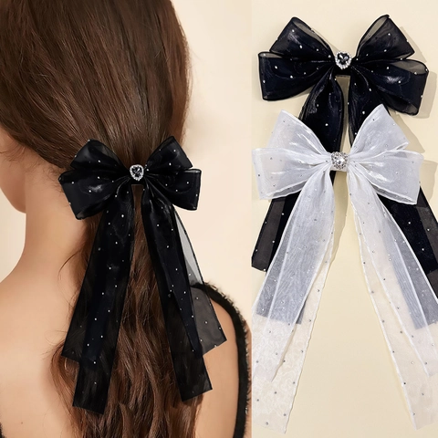 Zoete Gaas Strik Haarclip Met Hart Strass Lang Lint Elegante Vloeiende Kwast Haarspeld Voor Vrouwen Mode Accessoires