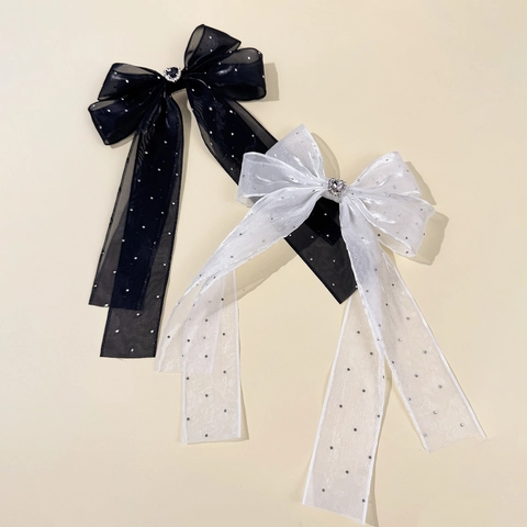 Zoete Gaas Strik Haarclip Met Hart Strass Lang Lint Elegante Vloeiende Kwast Haarspeld Voor Vrouwen Mode Accessoires