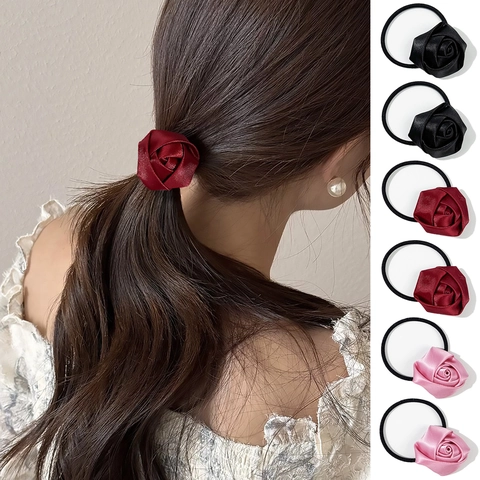 Elegant Rose Flower Fabric Hair Ties For Women High Elasticity Scrunchies Floral Hair Bands Handmade Ponytail Holder Accessory