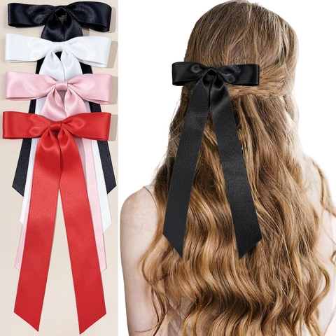 Eleganter Satin Schleife Haarclip mit Langen Bändern für Damen Einfache Mode Band Handgemachter Haarschmuck Kopfschmuck Party Geschenk