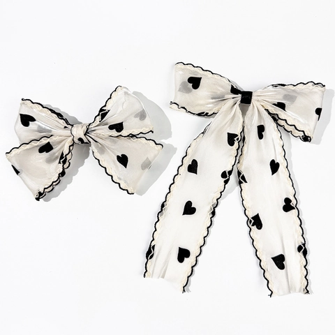 French Elegant Heart Print Bow Knot Hair Clip Mesh Organza Large Bowknot Hairpin With Streamers Sweet Hair Accessories For Women