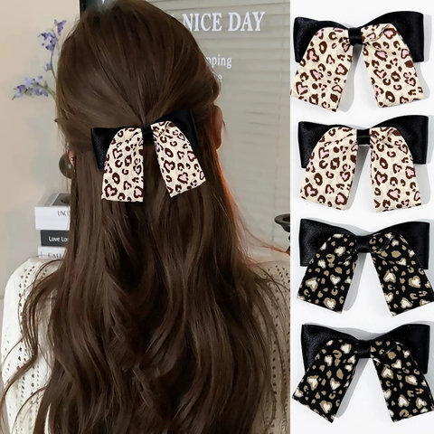 Westlicher Stil Leopardenmuster Herz Schleife Haarclip Für Damen Mode Satinband Doppelschichtig Entenschnabel-Clip Haarschmuck