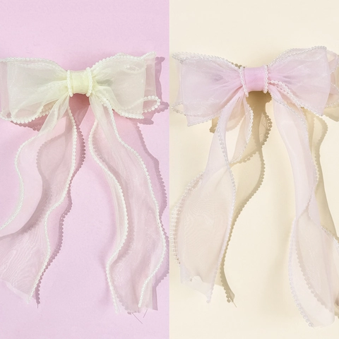 Dolce Fermaglio per Capelli a Fiocco in Organza e Garza Con Perla Artificiale e Nastro Lungo Elegante Accessorio per Donna