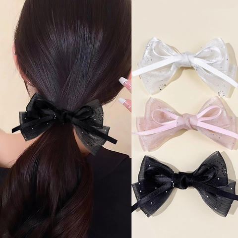 Pince à Cheveux Nœud en Maille Élégante Française pour Femmes Style Ballet Ruban Satin Paillettes Accessoires Cheveux