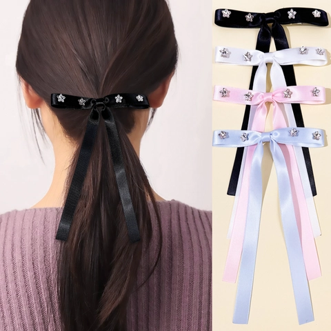 Süße Satin Schleife Haarklammer Mit Langen Bändern Und Silbernen Stern Strass Ballettstil Haarschmuck Für Damen