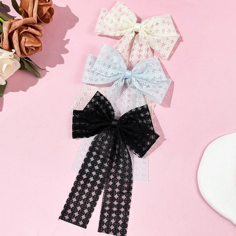 Zoete Zomer Kant Strik Haarclip Elegante Mesh Lint Grote Bowknot Streamer Eendenbekclip Voor Vrouwen Mode Haaraccessoires