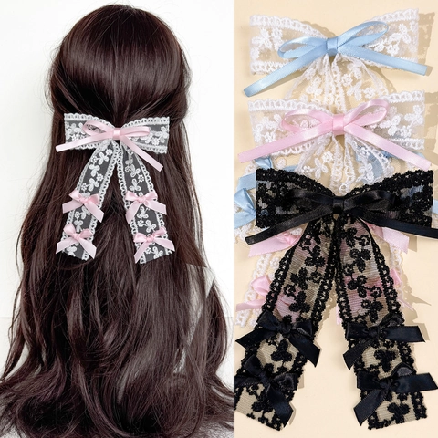 Sweet Lace Bowknot Hair Clip With Long Streamers Elegant Satin Ribbon Hairpin Lolita Style Hair Accessories For Women