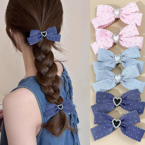 Sweet Rhinestone Heart Bow Hair Clips For Girls Scalloped Ribbon Hairpins Cute Scalloped Edge Side Clips Hair Accessories