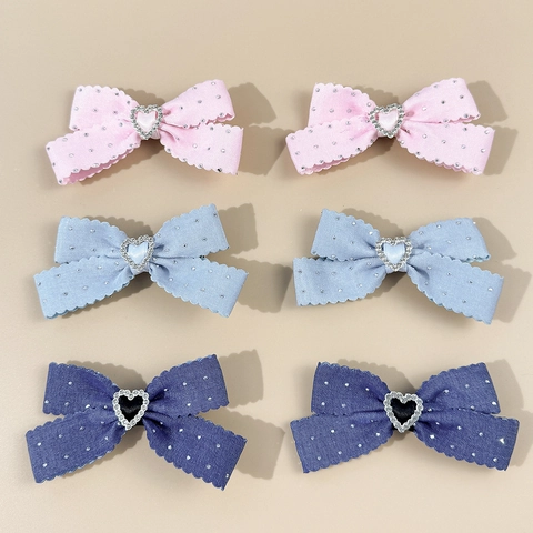 Sweet Rhinestone Heart Bow Hair Clips For Girls Scalloped Ribbon Hairpins Cute Scalloped Edge Side Clips Hair Accessories