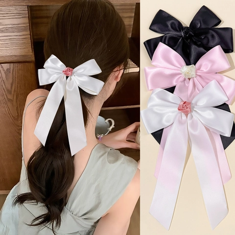 Französische Elegante Rose Schleife Haarspange Für Damen Satinband Langer Schwanz Entenschnabel Clip Haarschmuck