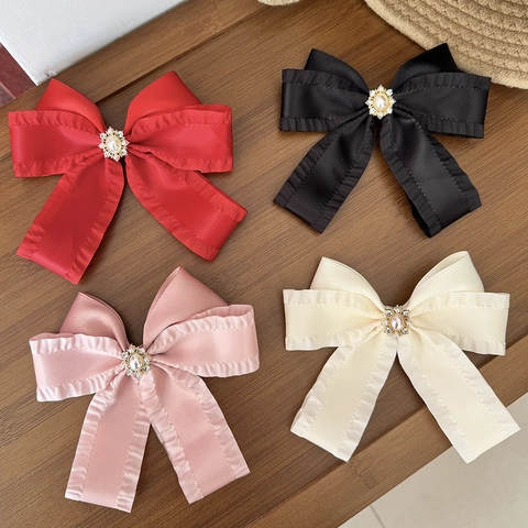 Barrette à Nœud Élégante en Ruban de Satin pour Femmes Style de Dame Avec Perle Artificielle Et Strass Accessoire de Coiffure
