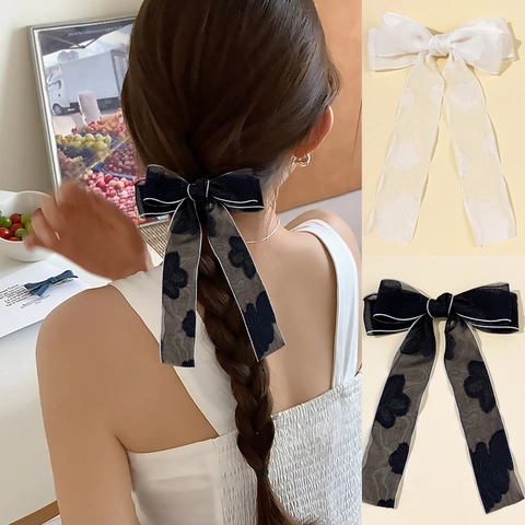 Elegante Mesh Blume Schleife Haarspange Für Damen Süß Floral Bestickt Krokodilklemme Lange Quaste Haarschmuck