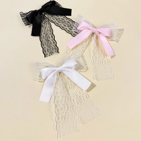 Fermaglio per Capelli con Fiocco in Raso Fatto a Mano con Lungo Nastro in Pizzo per Donna Elegante Stile Coreano