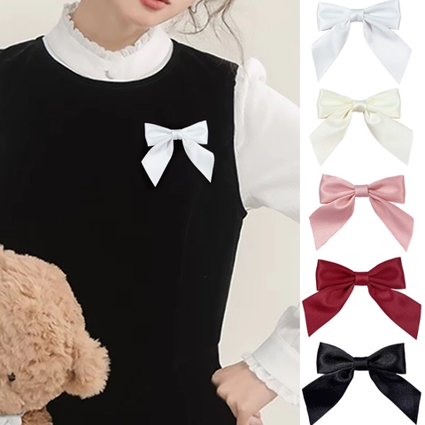 Sweet Satin Ribbon Bow Brooch Pin For Women Girls JK School Uniform Shirt Decor Elegant Korean Style Solid Color Accessory