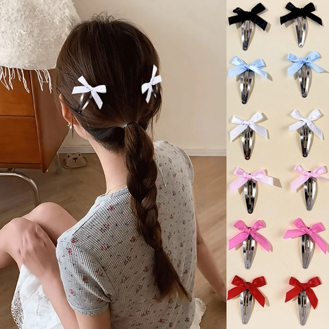 Sweet Balletcore Style Satin Ribbon Bow Hair Clips For Women Girls Cute Multiple Colors Snap Clips Hair Accessories Pair