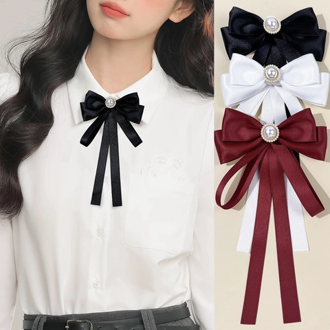 Elegant Polyester Cotton Ribbon Bow Tie Brooch For Women Artificial Pearl Rhinestone Preppy Style Shirt Accessories
