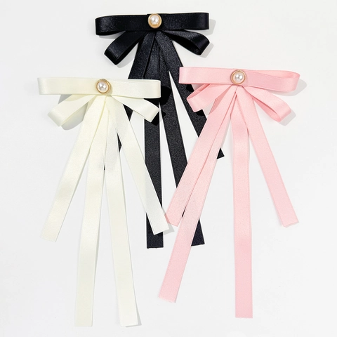 Broche Nœud Papillon en Ruban de Satin Élégante Avec Fausse Künstliche Perle Longs Rubans Style JK Coréen Accessoires de Cou Femme