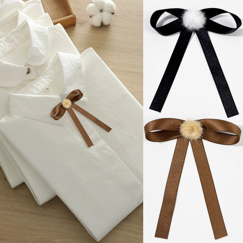 Vintage Britischer Stil Schleife Brosche Für Damen Mit Kunstpelz Bommel Lange Band Satin Nadel Für Hemd Eleganter Schmuck