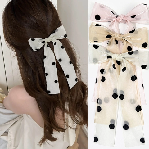 Polka Dot Mesh Bow Hair Clip French Vintage Large Ribbon Duckbill Clip For Women Sweet Hair Accessories For Daily Party