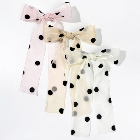 Polka Dot Mesh Bow Hair Clip French Vintage Large Ribbon Duckbill Clip For Women Sweet Hair Accessories For Daily Party