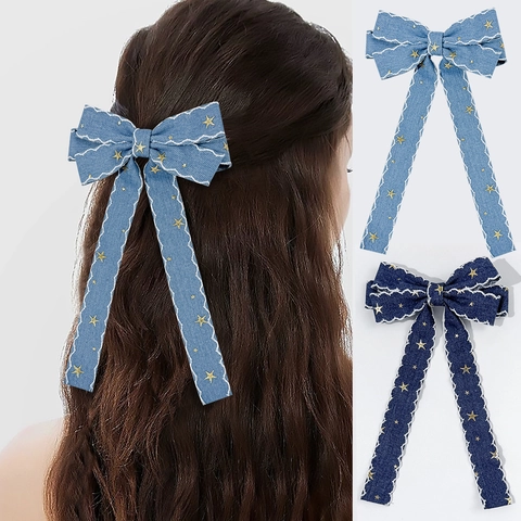 Vintage Denim Star Pattern Bow Hair Clip With Long Streamers Scalloped Edge Sweet Fashion Hair Accessories For Women