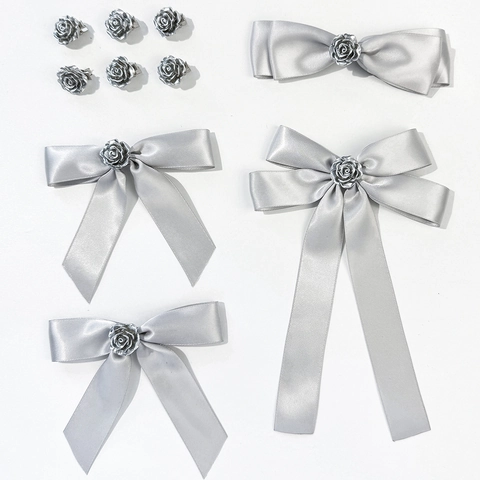Elegant Silver Gray Satin Ribbon Bowknot Hair Clips For Women Metal Rose Decoration Sweet Duckbill Clip Hair Accessories