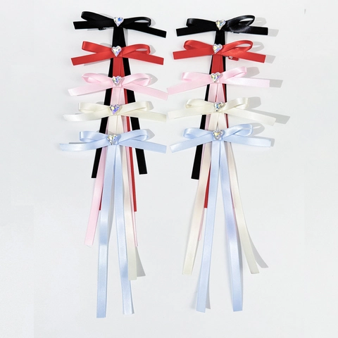 Süße Balletcore Band Schleife Haarspangen Für Damen Herz Strass Lange Quaste Entenschnabel Clips Koreanischen Stil Haarschmuck