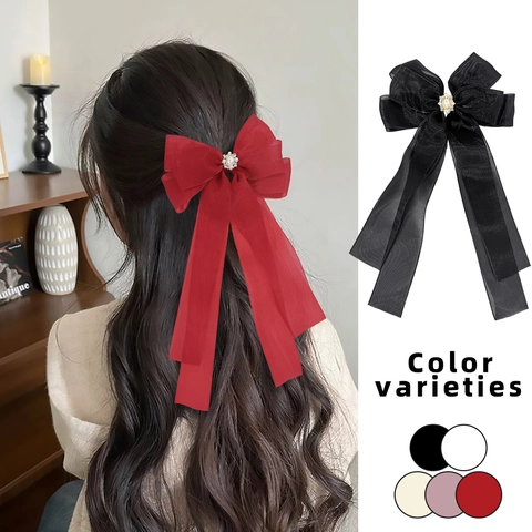 Mesh Bow Hair Clip With Long Streamers Artificial Pearl Rhinestone Elegant Satin Fabric Handmade Hair Accessory For Women